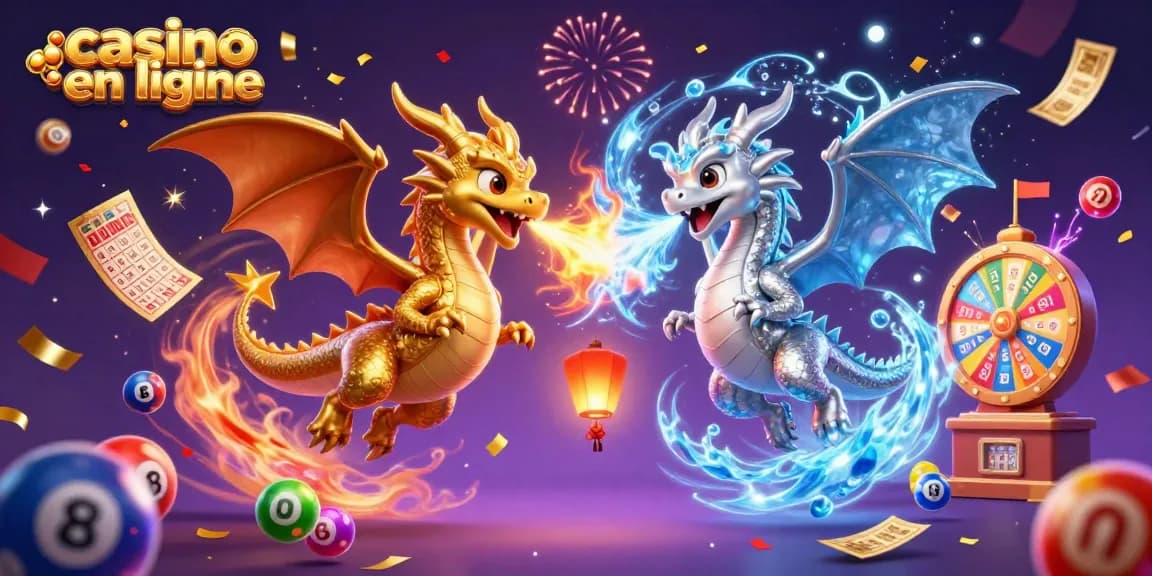Jouez au casino en ligne avec des dragons et des balles de loterie colorées en pleine action.