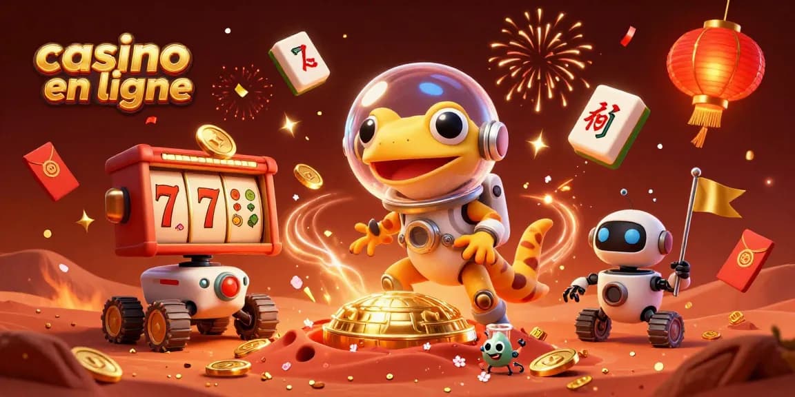 Profitez du casino en ligne avec notre illustration dynamique d'un gecko martien et ses amis dans un monde de jeux.