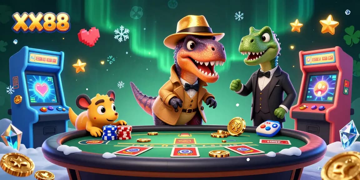 Experience thrilling moments at XX88 casino with a velociraptor card counter and neon gaming elements