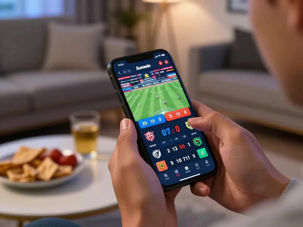 Engaging smartphone sports betting experience on Sunwin's platform in a lively living room.