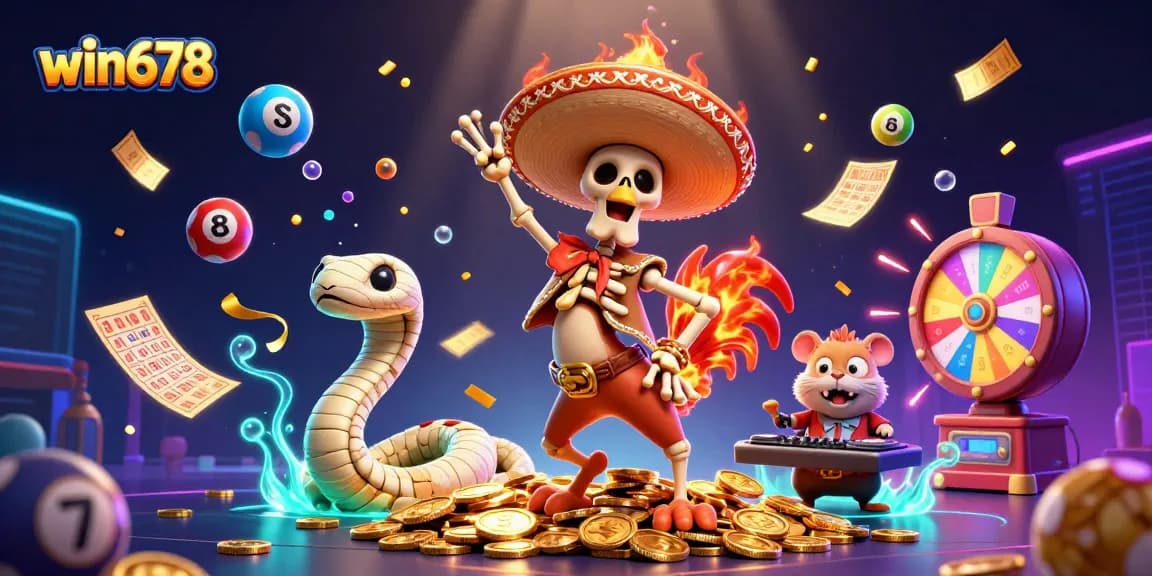 Experience excitement with win678's vibrant 3D illustration of a festive casino scene.
