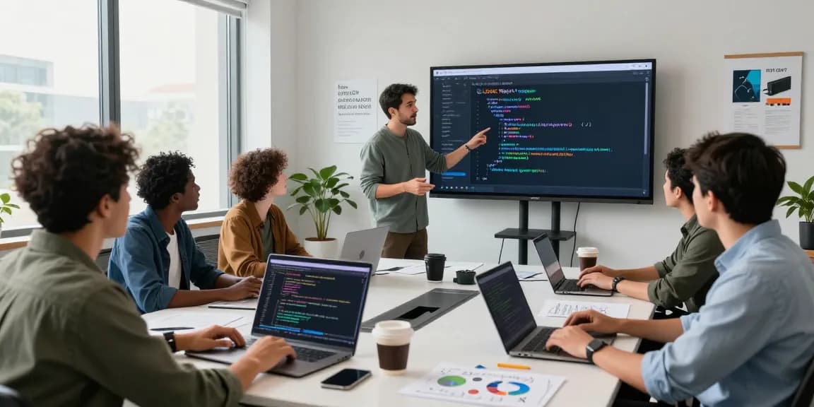 Developers collaborating on the USGIC Report software application in a modern office, showcasing a dynamic coding environment.
