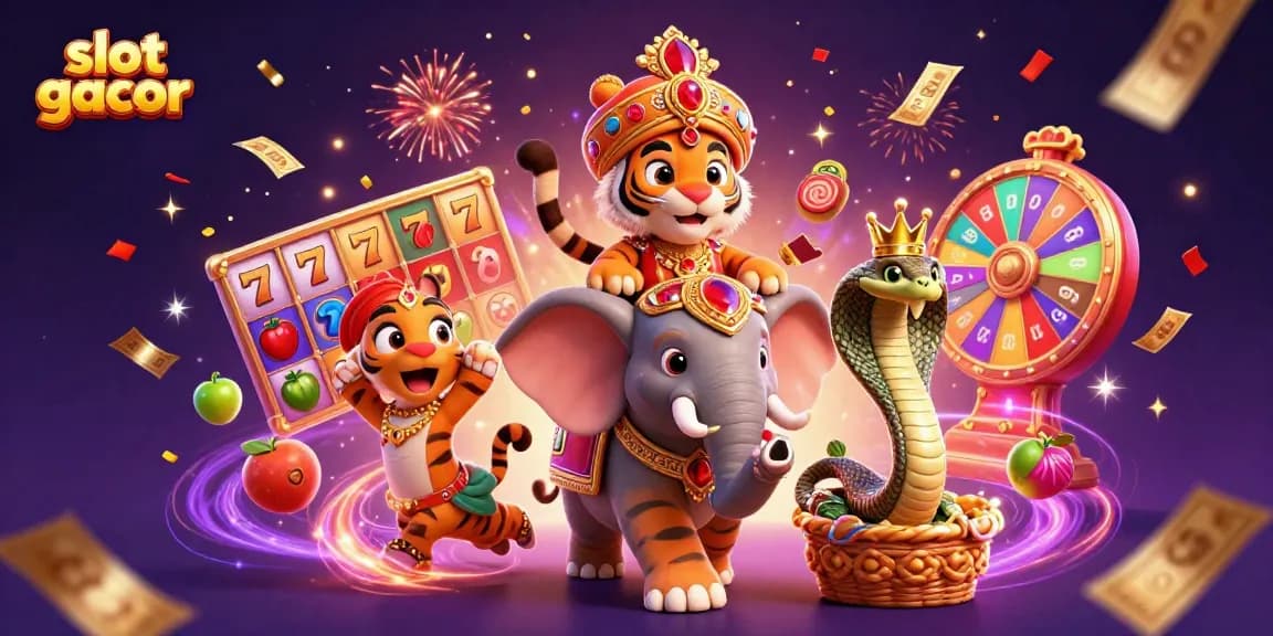 Experience the thrill of slot gacor games with colorful slot reels and a regal tiger.