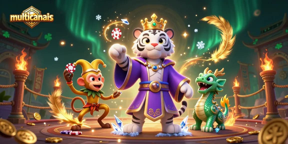 Experience dynamic betting with multcanais featuring a vibrant scene of a white tiger, monkey, and dragon.
