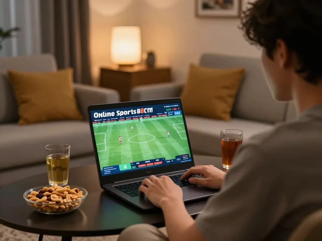 Person strategizing sports bets on keonhacaii88 in cozy home setting with laptop and snacks.
