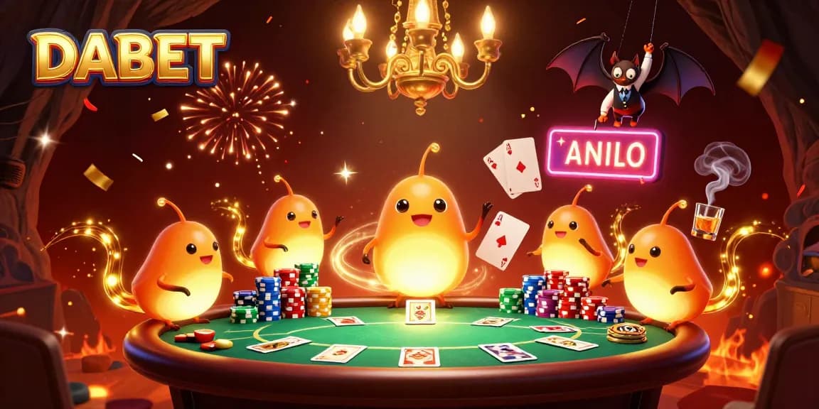 DABET casino scene with glowworms illuminating a poker table and bat dealer in an enchanting cave.