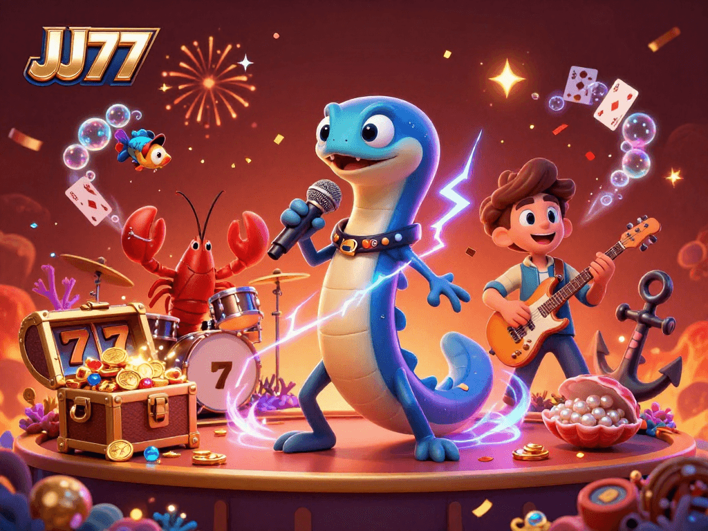 Experience the thrill of JJ77 with a vibrant underwater casino scene featuring a DJ eel and band.