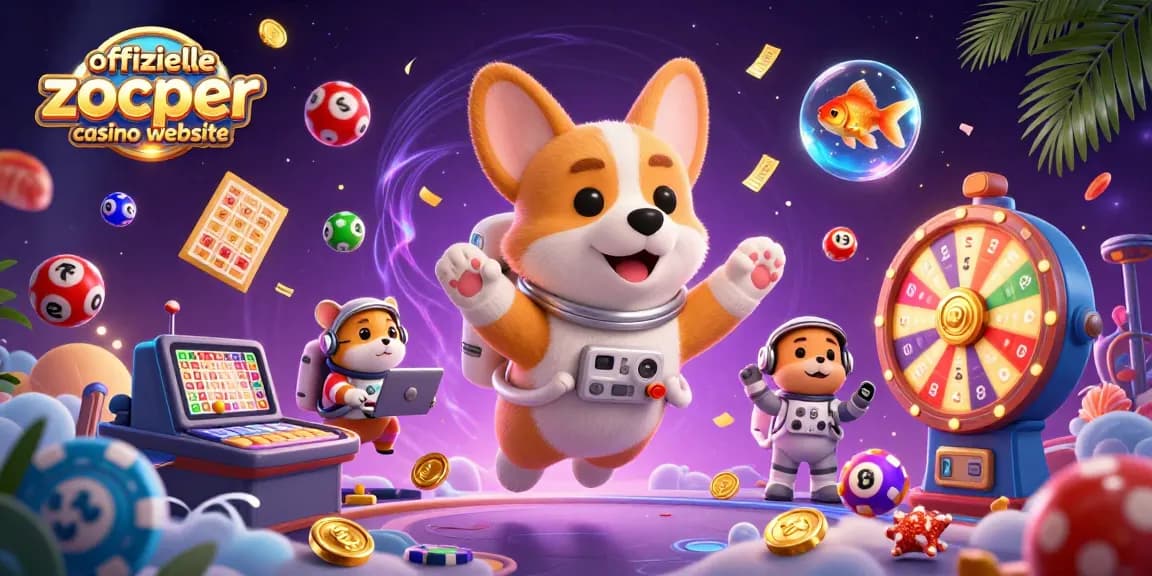 Erleben Sie die offizielle Zoccer Casino-Website mit einem fröhlichen Astronauten-Hund und bunten Glücksbällen.