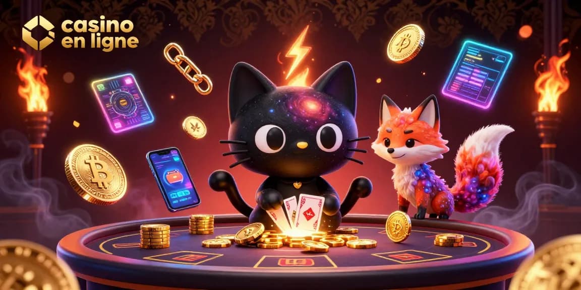 Casino en ligne captivant avec un chat noir trou noir et un renard nébuleux, attirant des jetons d'or.