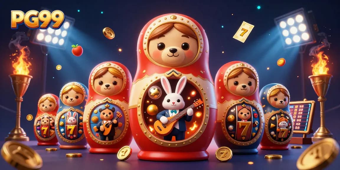 Engage with PG99's excitement featuring playful cartoon bears in casino dealer outfits amidst vibrant slot game elements.