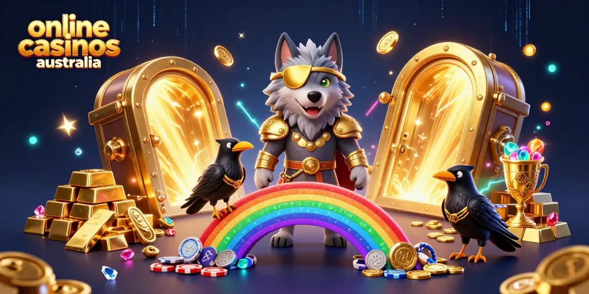 Experience online casinos Australia with Odin and ravens atop the casino chip rainbow bridge.