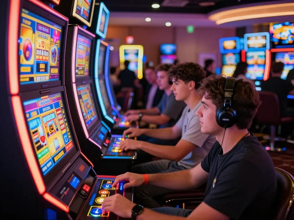 Interaksi situs togel ditangkap dengan pemain memutar mesin slot yang penuh warna di kasino yang ramai.