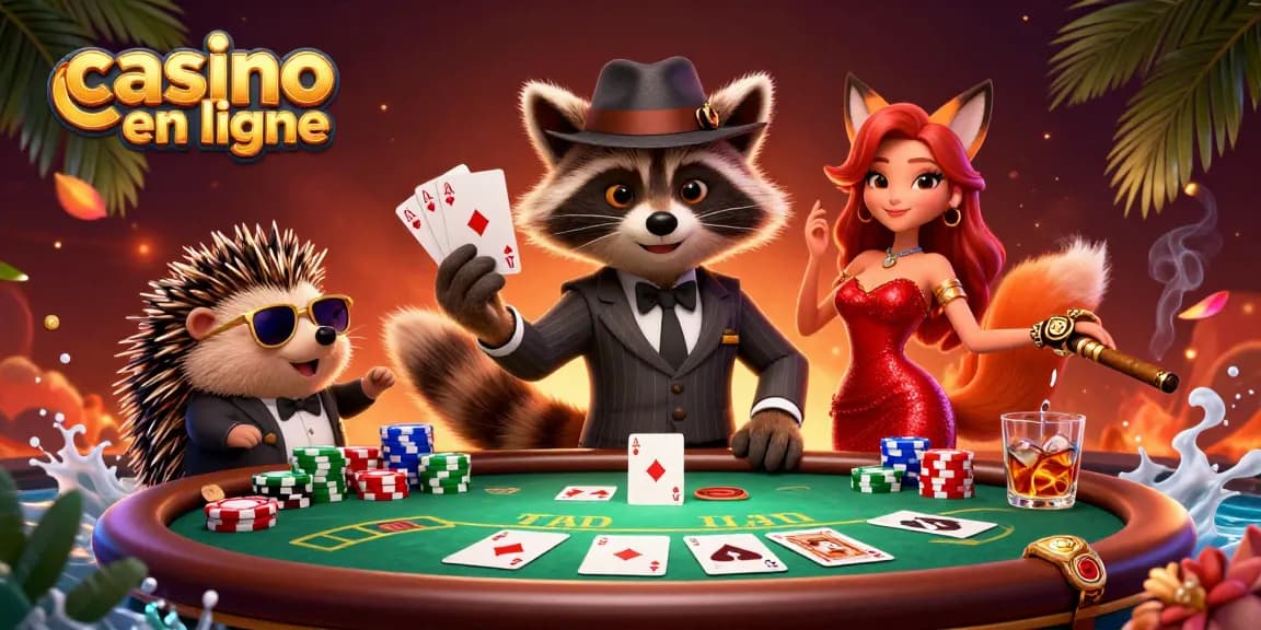 Une illustration de casino en ligne où un raton-laveur élégant montre un jeu gagnant à une table, entouré de dés et de jetons.