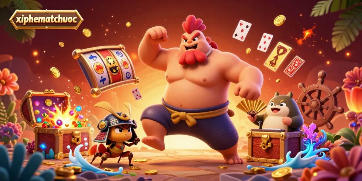 xiphematchuoc features a powerful rooster sumo wrestler, fierce samurai cricket, and tanuki announcer amidst dynamic casino action.