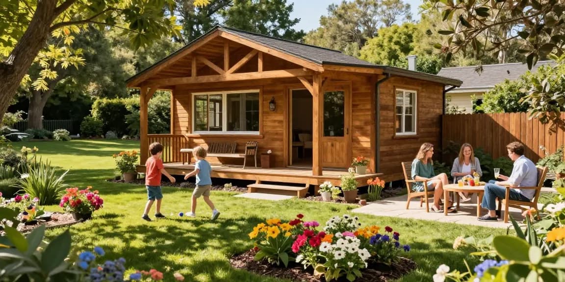 Stimmungsvolles Gartenhaus Holz umgeben von blühenden Pflanzen und spielenden Kindern.