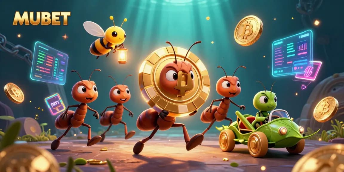 MUBET presents a heist scene of ants stealing a giant poker chip, symbolizing high stakes in gambling.