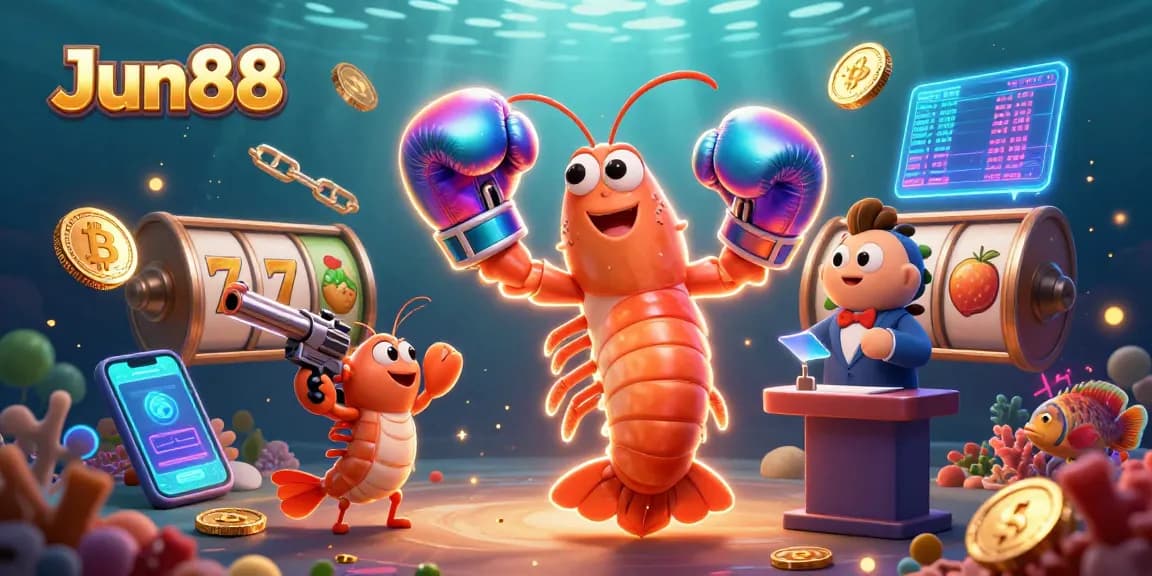Watch Jun88's vibrant casino world come alive with animated mantis shrimp and dazzling game elements.