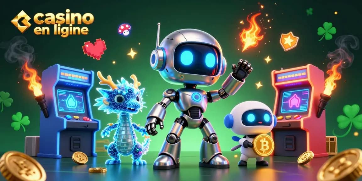 Jouez à un casino en ligne avec ce robot cyberpunk et dragon holographique dans un univers riche et coloré.