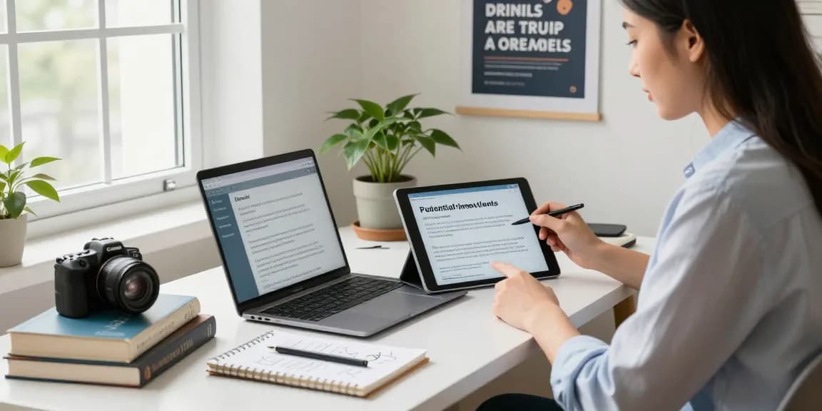 Self-employed professional in a home office reviewing client inquiries with a tablet and laptop.