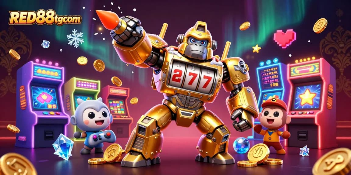 Engage with RED88tgcom's illustrated 3D casino scene featuring a golden gorilla mech and arcade machines.