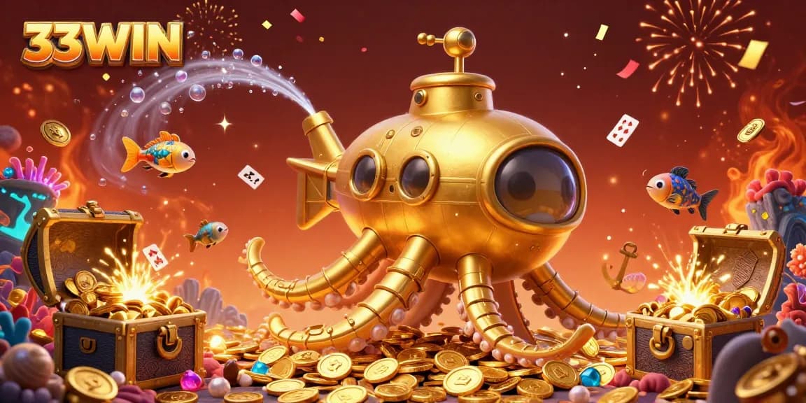 Join the excitement at 33WIN as the golden kraken submarine dives through treasures in a vibrant 3D casino scene.