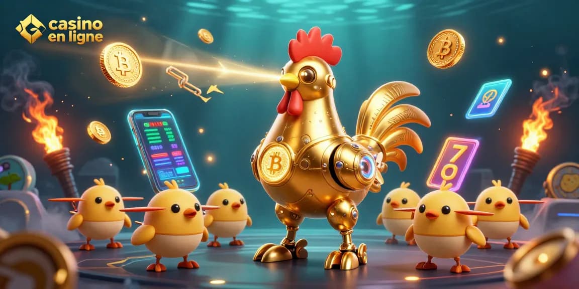 Jouez à des jeux de casino en ligne avec une illustration animée d'un robot coq doré et des drones poussins, entourés de pièces de crypto-monnaie.