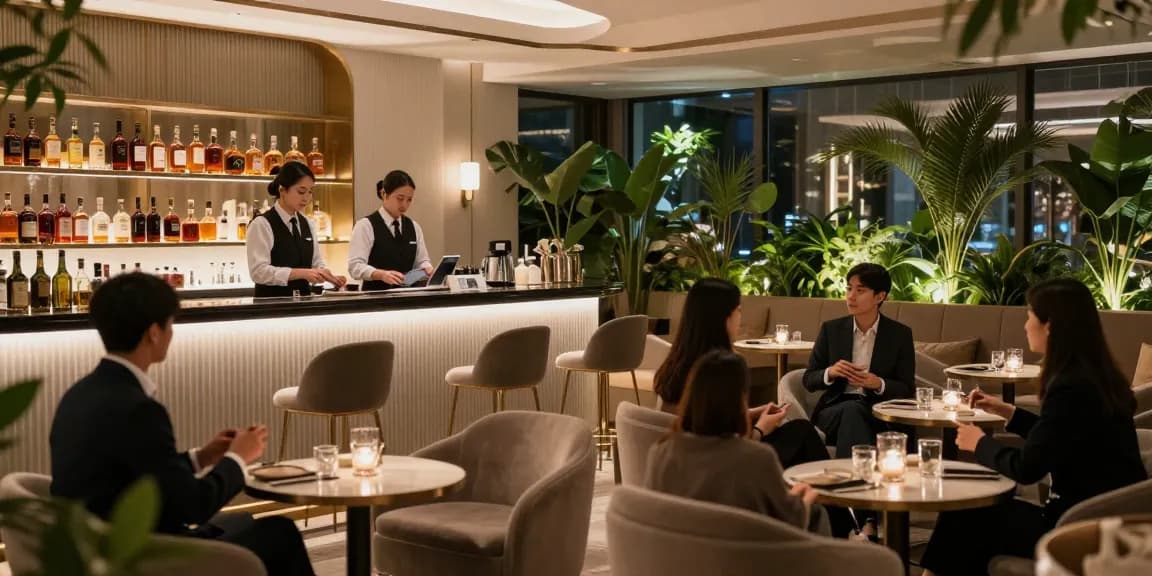 강남쩜오에서 고급스러운 VIP 라운지 장면, 프리미엄 서비스를 제공하는 전문 직원과 고객의 상호작용.