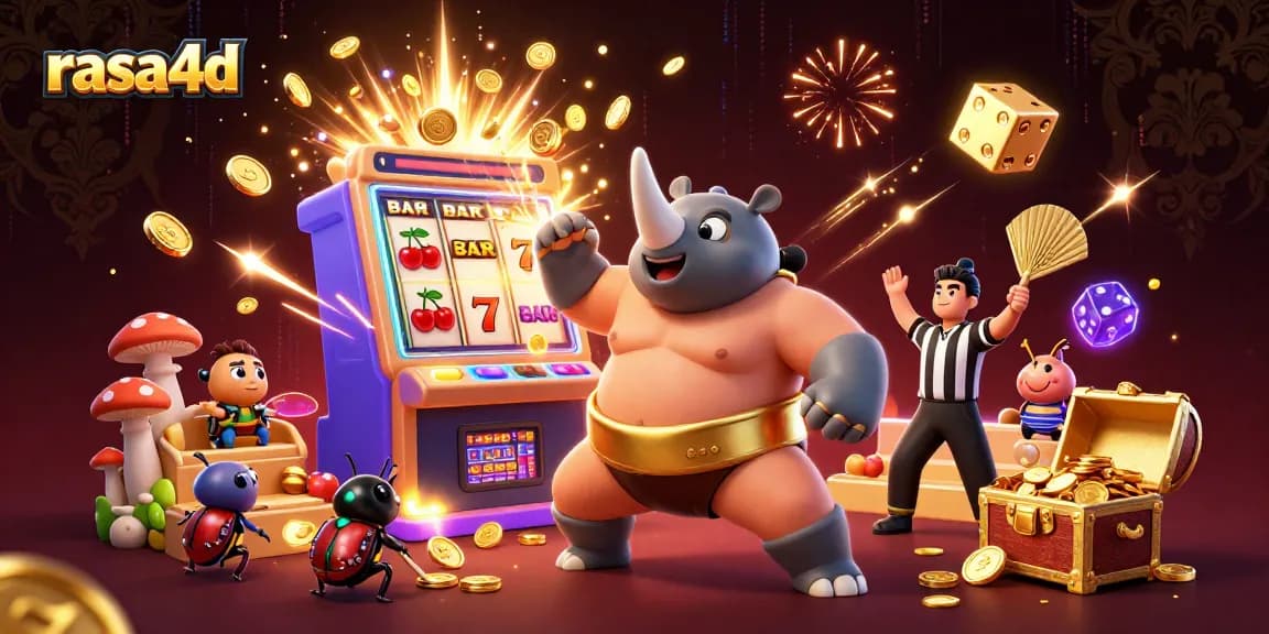 Rasa4d: Juara sumo kumbang meraih jackpot dengan mesin slot yang meledak, penuh koin berkilau.