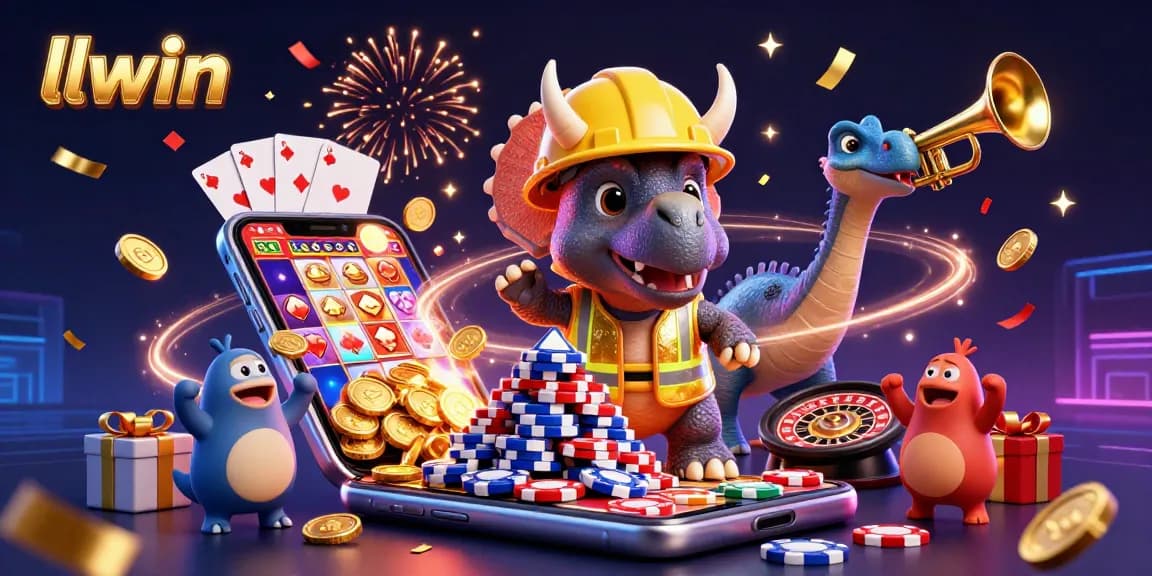 Experience gaming excitement at llwin with a playful triceratops building a poker chip pyramid.