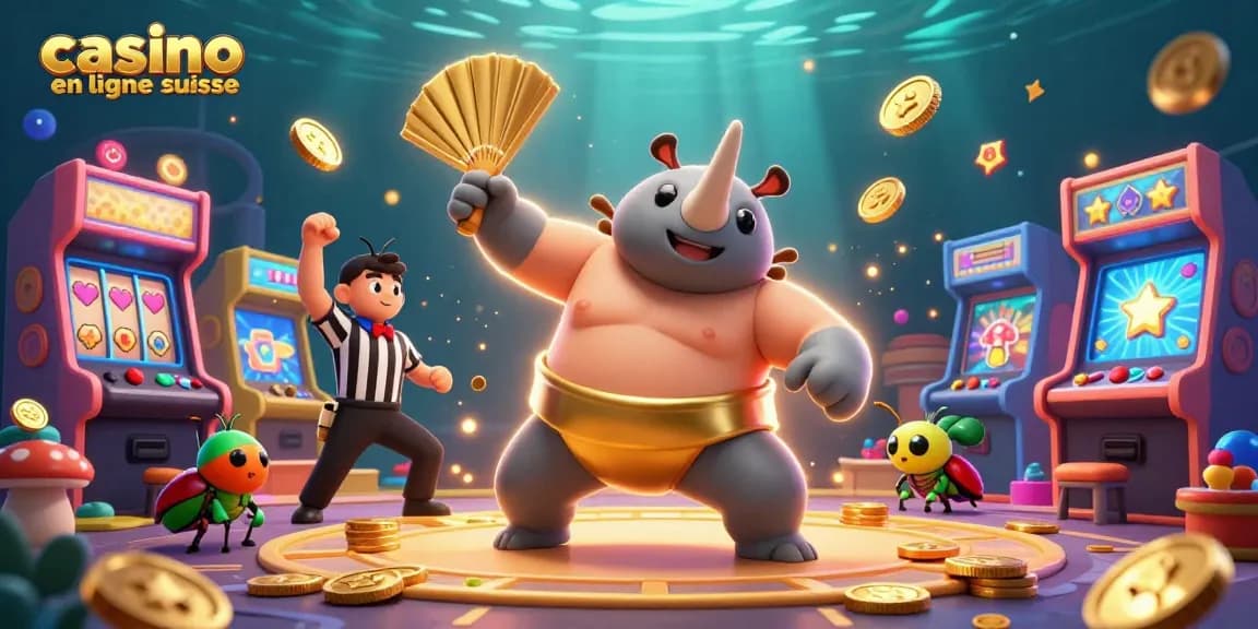 Plongez dans l'univers du casino en ligne suisse avec cette illustration dynamique de personnages jouant à des machines à sous.
