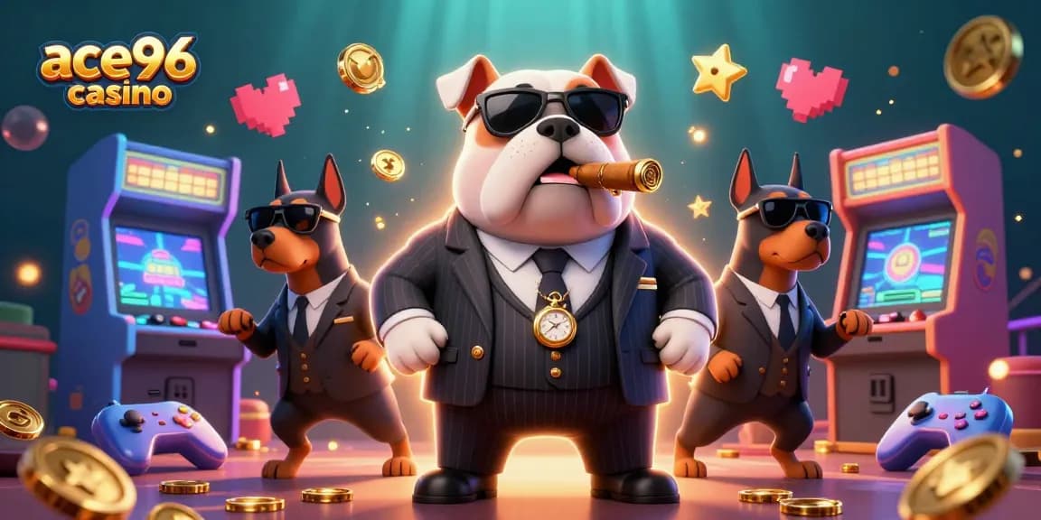 Engage with ace96 casino's thrilling atmosphere featuring a mafia boss bulldog and bodyguard Dobermans amidst vibrant gaming scenes.