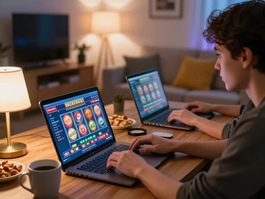 Pemain menikmati slot online jalatogel di suasana rumah yang nyaman dengan camilan dan antarmuka permainan yang hidup.