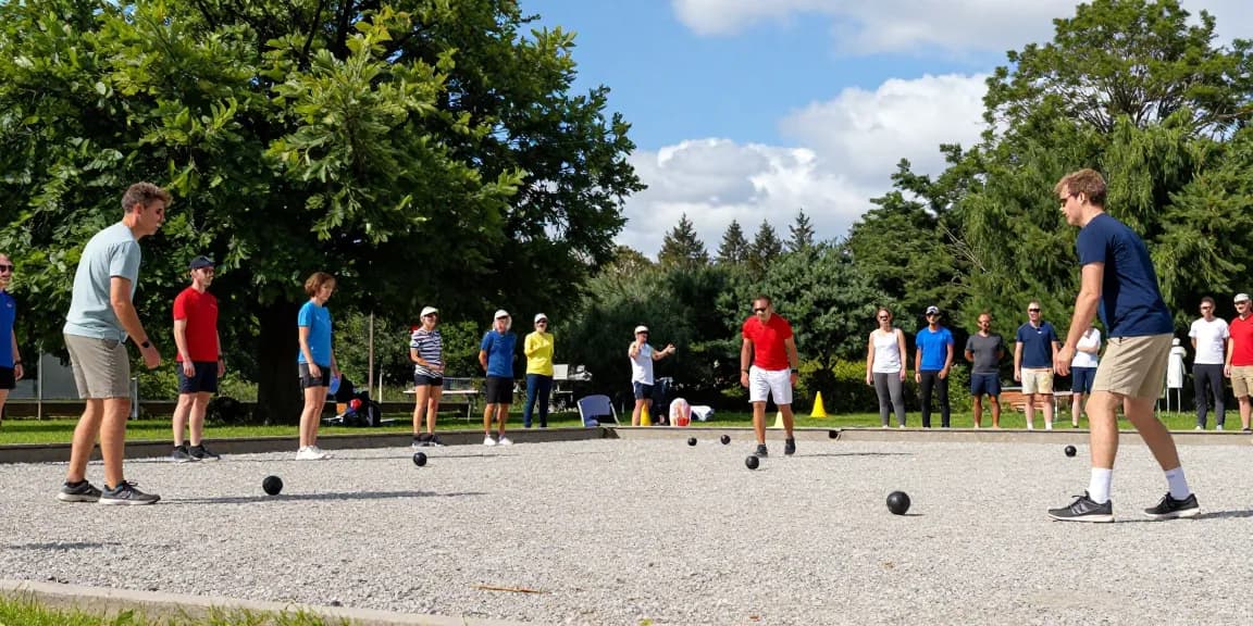Suasana pertandingan petanque di fopikotamanado.org dengan pemain yang bersenang-senang dan penonton.