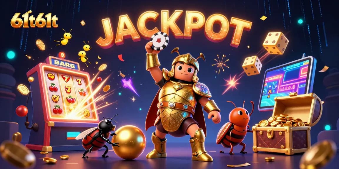 61t61t casino illustration with a victorious beetle and jackpot elements in a vibrant scene.