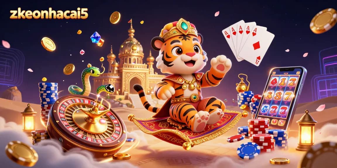 Experience thrill with zkeonhacai5 as the tiger sultan conjures casino magic on a poker chip carpet.