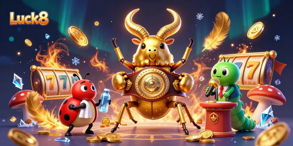 Experience thrilling gameplay at Luck8 with a giant golden stag beetle in an intense casino setting.