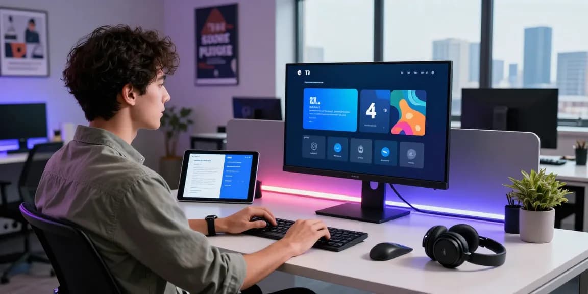 Professioneller am Arbeitsplatz zeigt tv smart player Anwendung auf Bildschirm.