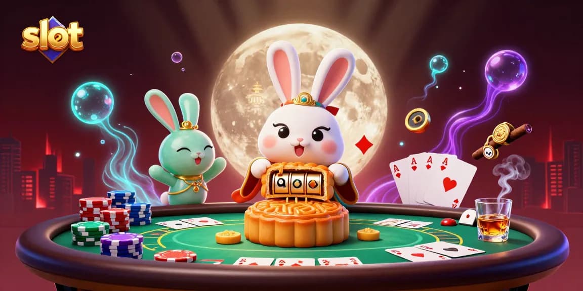 Slot yang menggambarkan kelinci bulan memukul kue bulan emas sambil menjaga tumpukan chip poker.