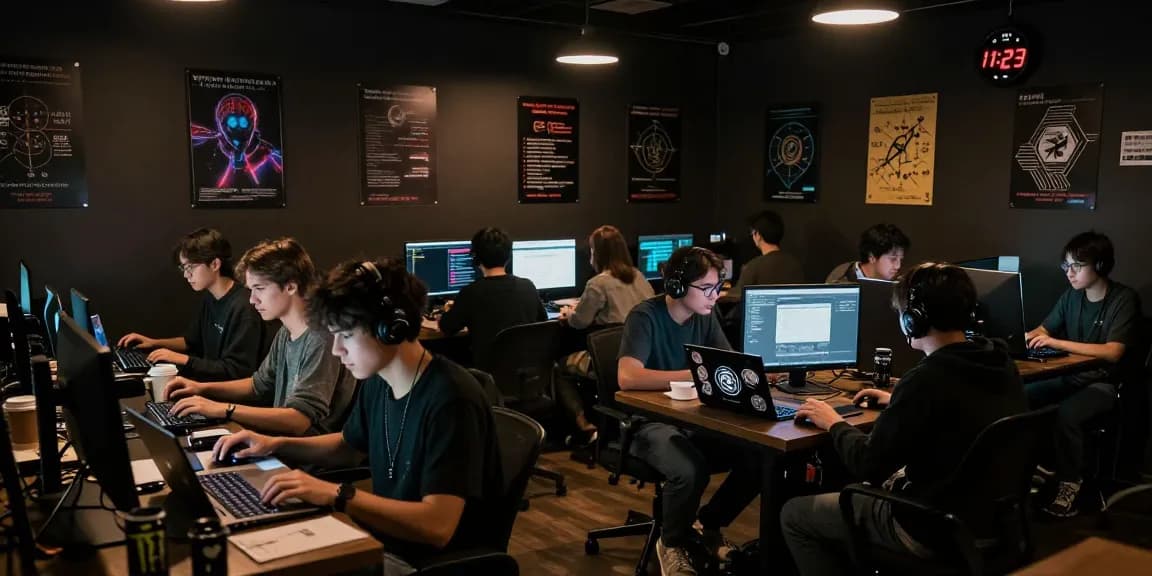 Best Darknet Markets 2026 scene showcasing individuals in a dark web cafe, focused on computers and privacy themes.