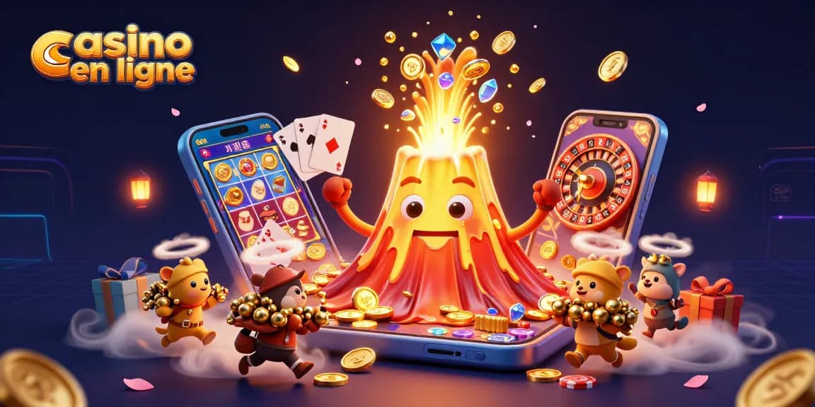 Le casino en ligne devient captivant avec un volcan doré éruptant des richesses et des jeux dynamiques autour.