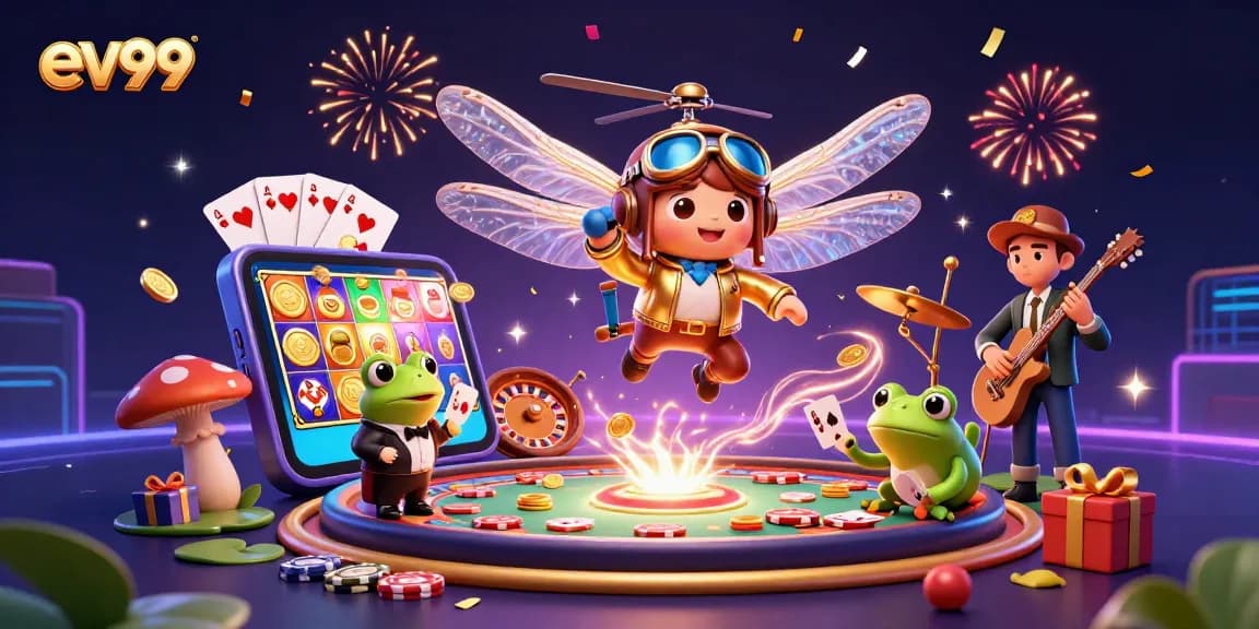 Win at ev99's lily pad casino with vibrant characters and games in a dazzling 3D scene.