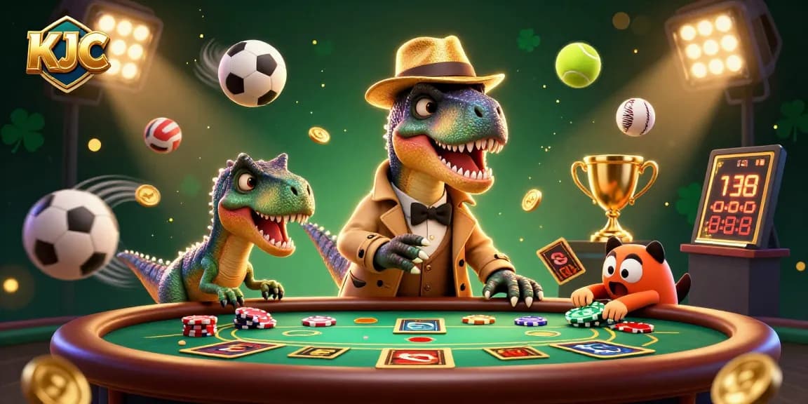KJC engages players with a playful scene featuring a velociraptor card counter and friends at a blackjack table.
