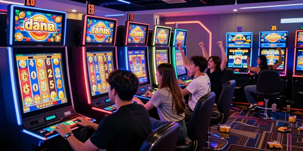 Excited players enjoying slot dana gaming experience at a vibrant online casino.