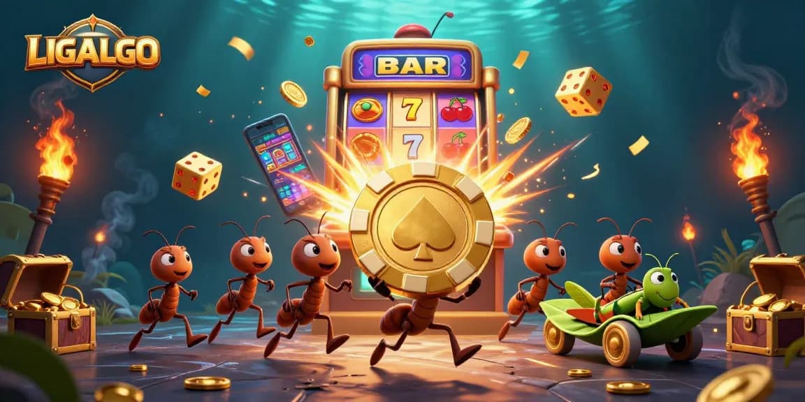 LIGALGO highlights a thrilling heist scene with animated ants and a golden poker chip amid a dynamic casino backdrop.