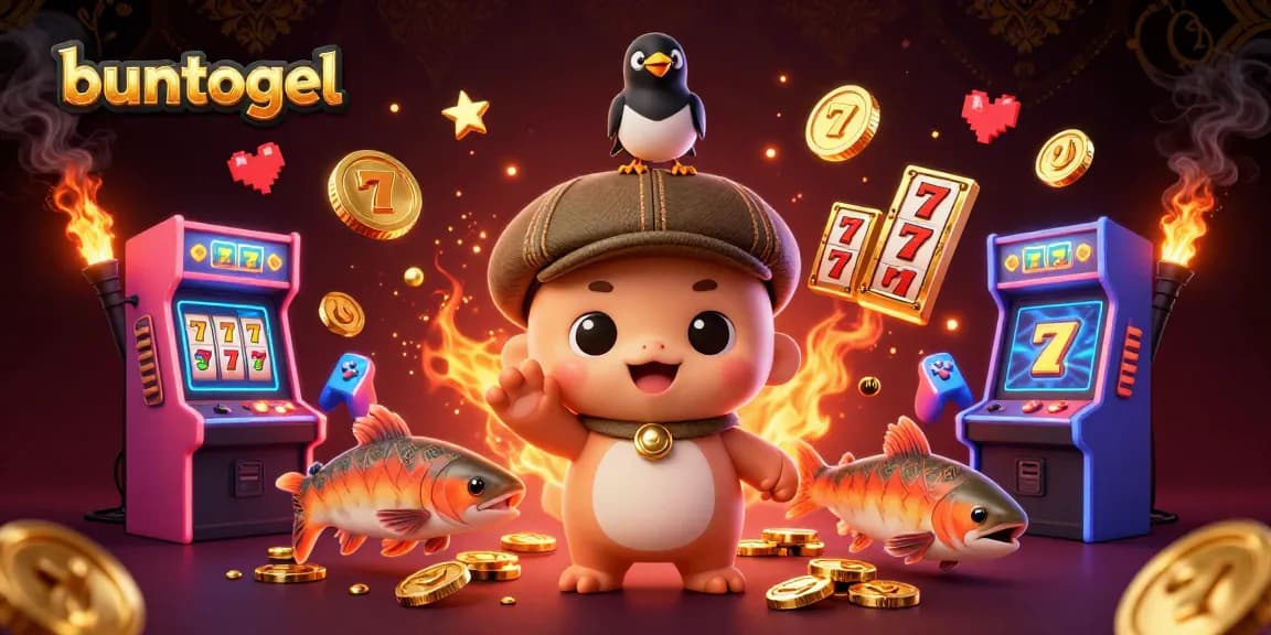 Buntogel showcases an exciting lottery scene with a playful baby Nessie and gold coins in a vibrant casino environment.