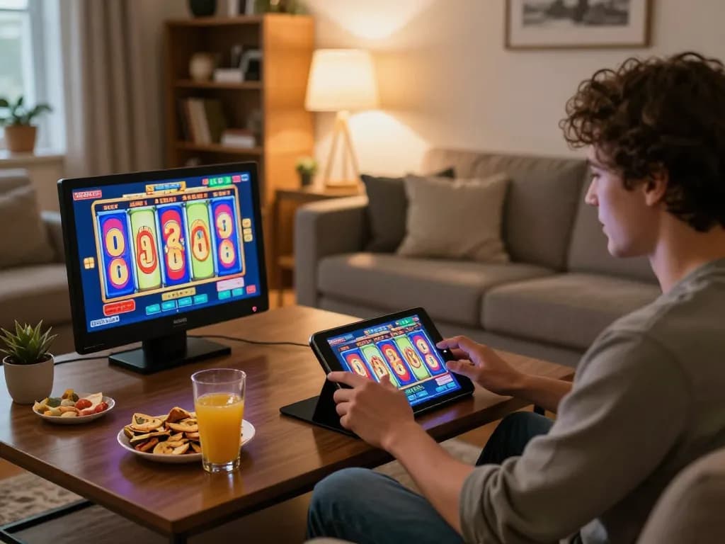Alo8 player celebrating a spin on slots in a cozy home gaming setup, enjoying responsible entertainment