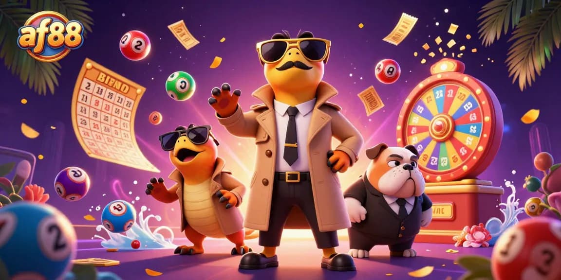 Experience excitement at af88 with lively lottery balls and raptors in a trench coat entering a casino.
