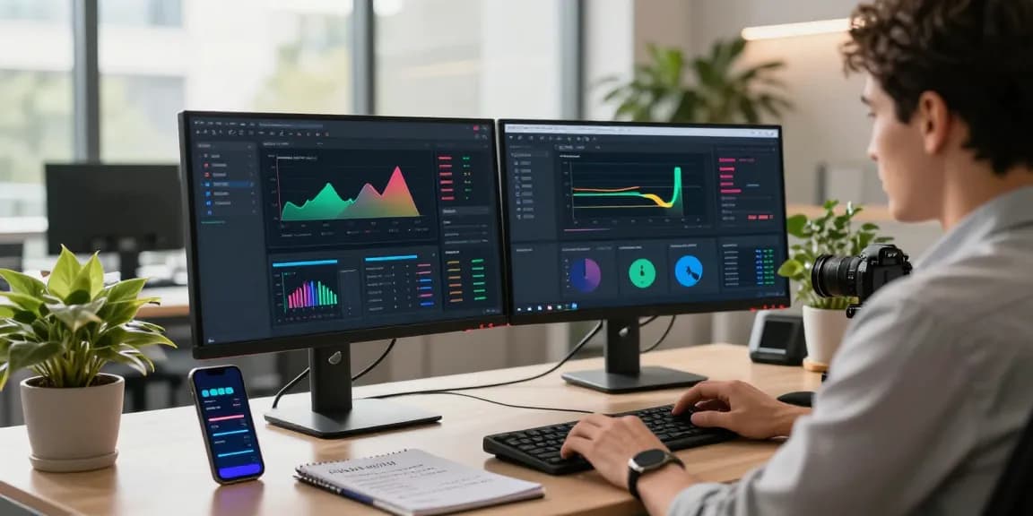 Analyse des performances des applications espion dans un bureau moderne, montrant des graphiques et alertes de surveillance.
