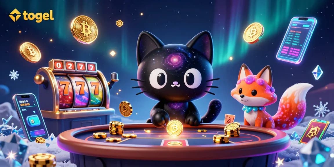 Engage in togel at a vibrant cosmic casino filled with 3D characters, slot reels, and digital currency elements.