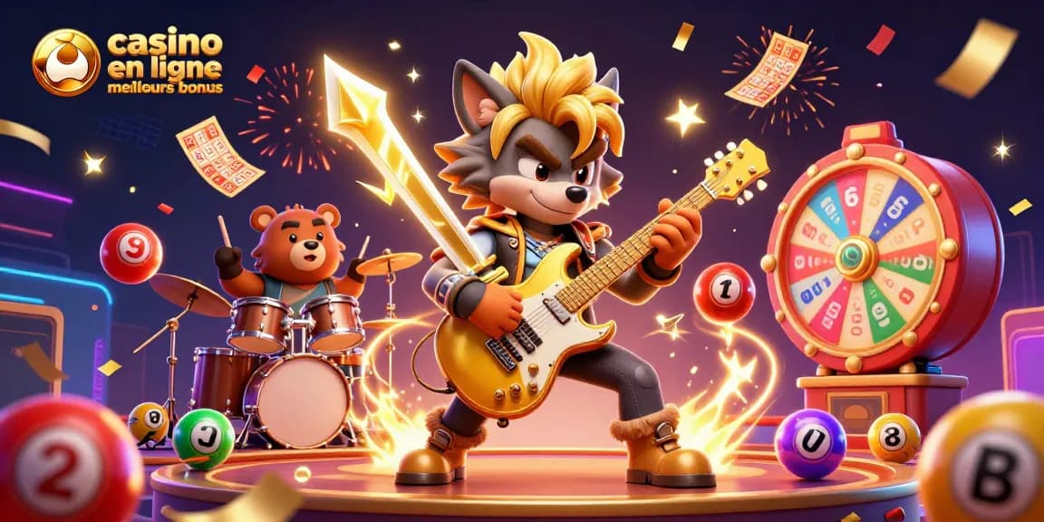 Profitez des meilleurs bonus de casino en ligne avec un loup rock star jouant sur scène, entouré de jeux et de confettis.